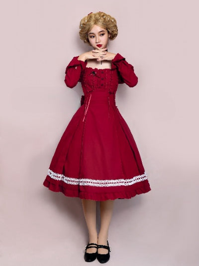 Fog Night Sleep Red Square Neckline Leg-of-mutton Sleeves One Piece