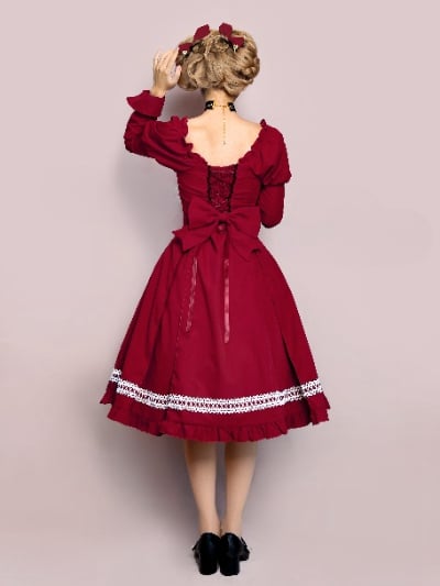 Fog Night Sleep Red Square Neckline Leg-of-mutton Sleeves One Piece