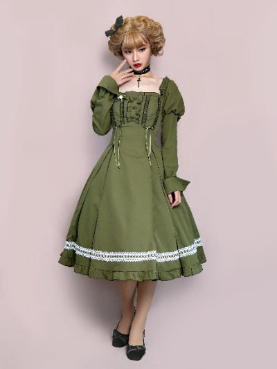 Fog Night Sleep Green Square Neckline Leg-of-mutton Sleeves One Piece