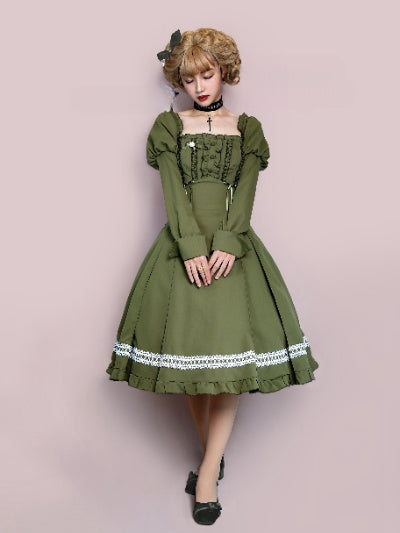 Fog Night Sleep Green Square Neckline Leg-of-mutton Sleeves One Piece