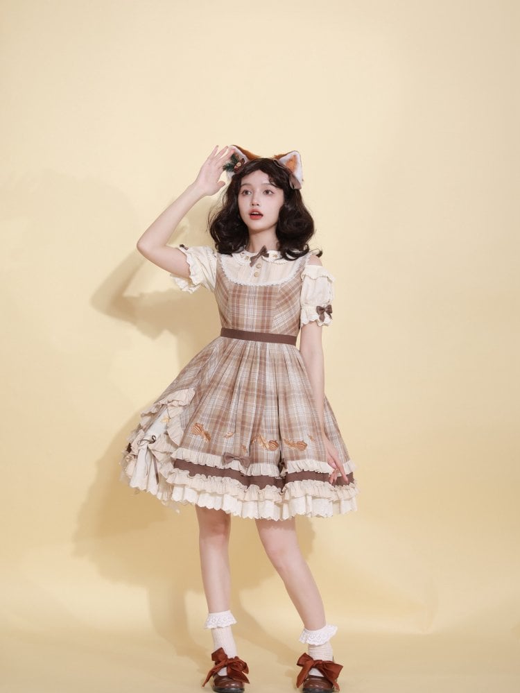 Clearance-Size L for Bust 94CM Autumn Pinecone Song Leaves Embroidery Peter Pan Collar Short Sleeves OP