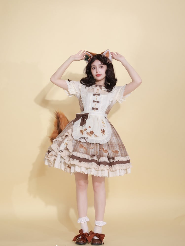 Clearance-Size L for Bust 94CM Autumn Pinecone Song Leaves Embroidery Peter Pan Collar Short Sleeves OP