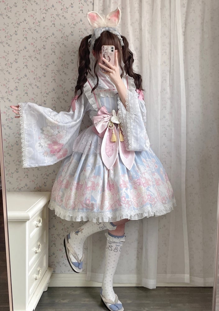 Blue Sakura Rabbit Print Square Neckline Jumper Skirt