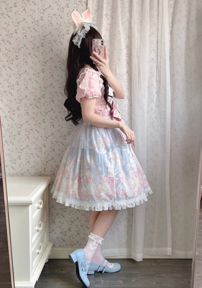 Blue Sakura Rabbit Print Square Neckline Jumper Skirt