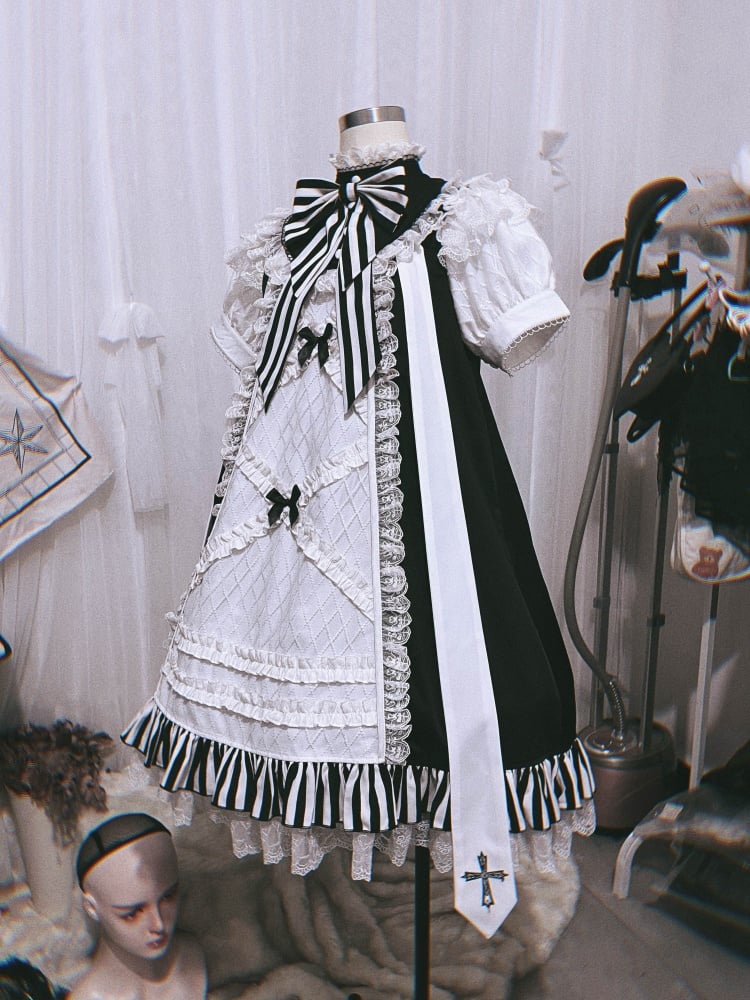 Black and White Gothic Dress with Striped Ruffle Hem