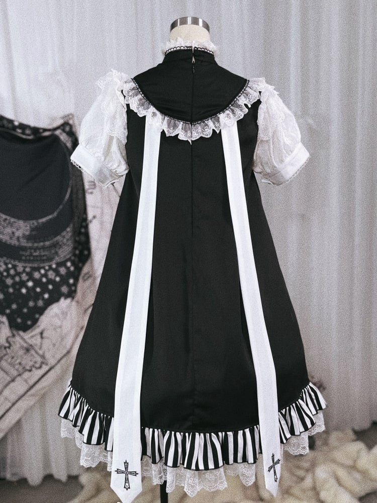 Black and White Gothic Dress with Striped Ruffle Hem