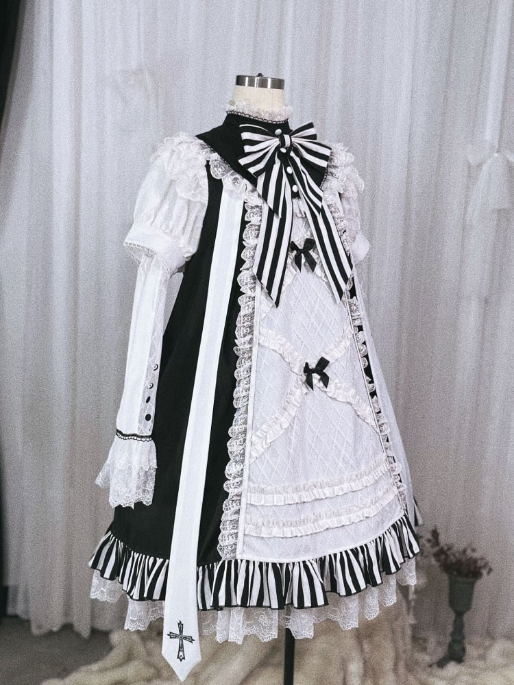 Black and White Gothic Dress with Striped Ruffle Hem