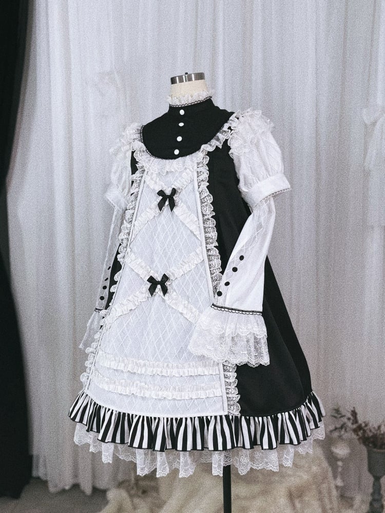 Black and White Gothic Dress with Striped Ruffle Hem