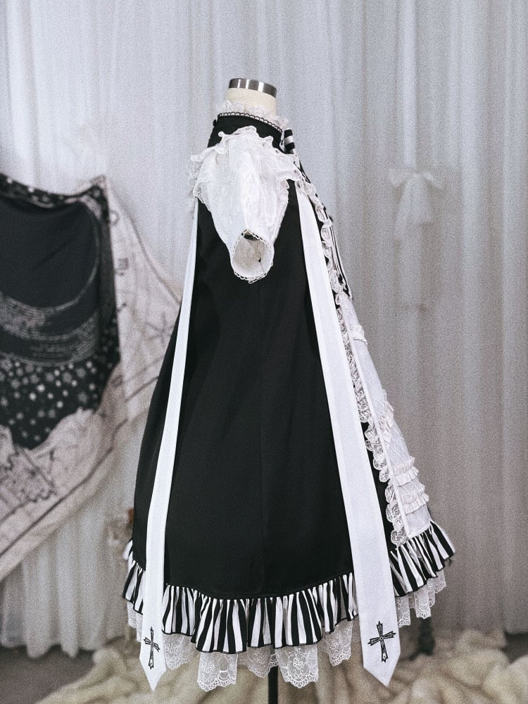 Black and White Gothic Dress with Striped Ruffle Hem