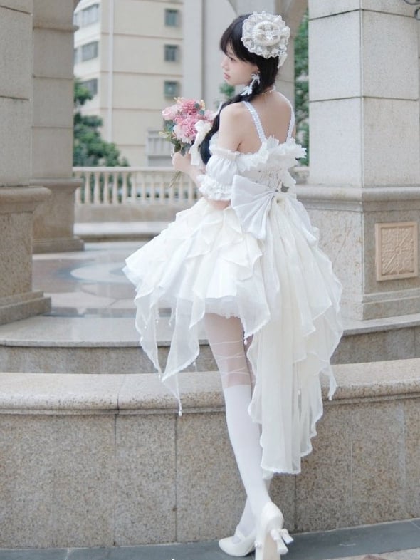 White Balletcore Corset Jumper Skirt Basque Waist Princess Dress with Sleeves and Bow Train