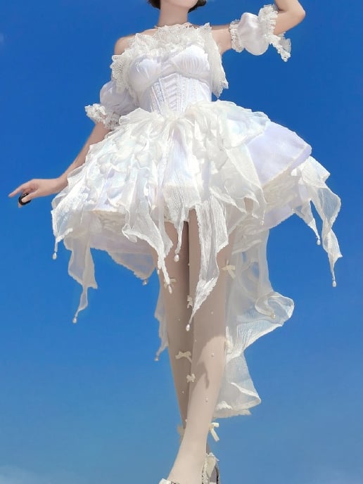 White Balletcore Corset Jumper Skirt Basque Waist Princess Dress with Sleeves and Bow Train