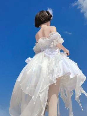 White Balletcore Corset Jumper Skirt Basque Waist Princess Dress with Sleeves and Bow Train