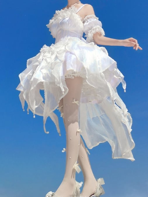 White Balletcore Corset Jumper Skirt Basque Waist Princess Dress with Sleeves and Bow Train