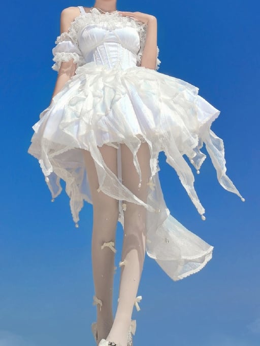 White Balletcore Corset Jumper Skirt Basque Waist Princess Dress with Sleeves and Bow Train