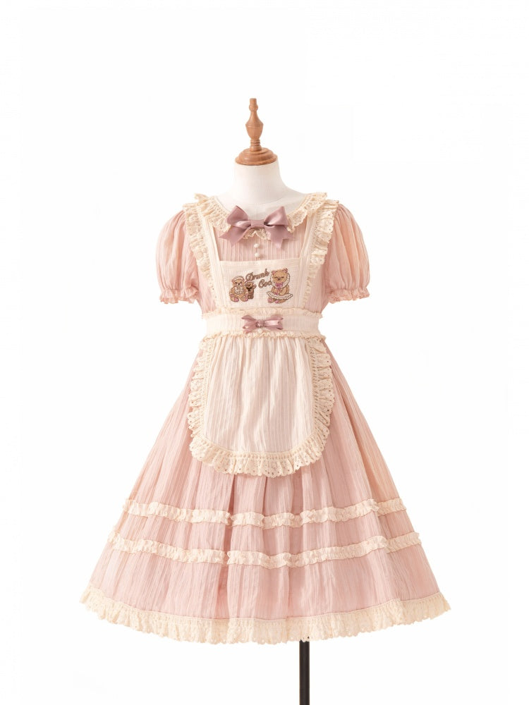 Anniversary Teddy Pink Ruffle Round Neck Short Puff Sleeves Maid One Piece+Apron Set