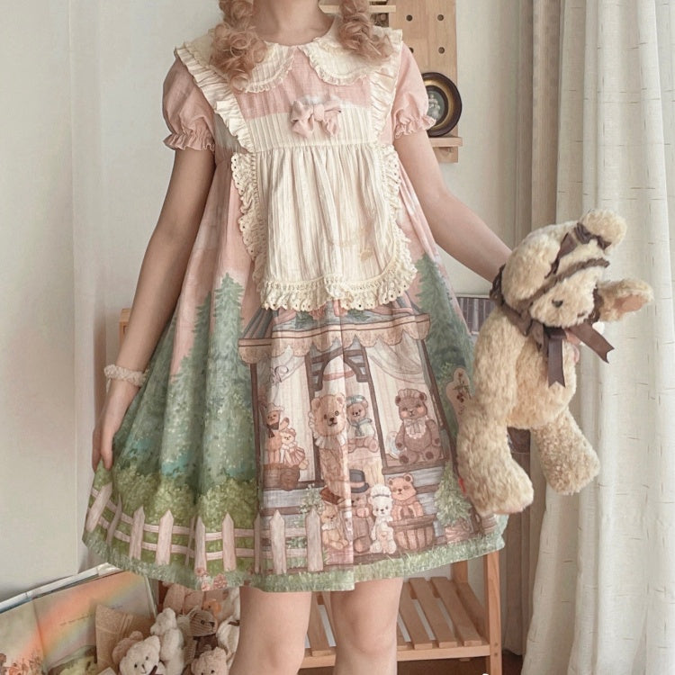 Anniversary Teddy Bear Print Peter Pan Collar Short Puff Sleeves One Piece