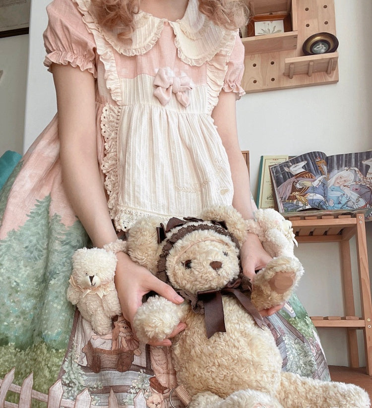 Anniversary Teddy Bear Print Peter Pan Collar Short Puff Sleeves One Piece