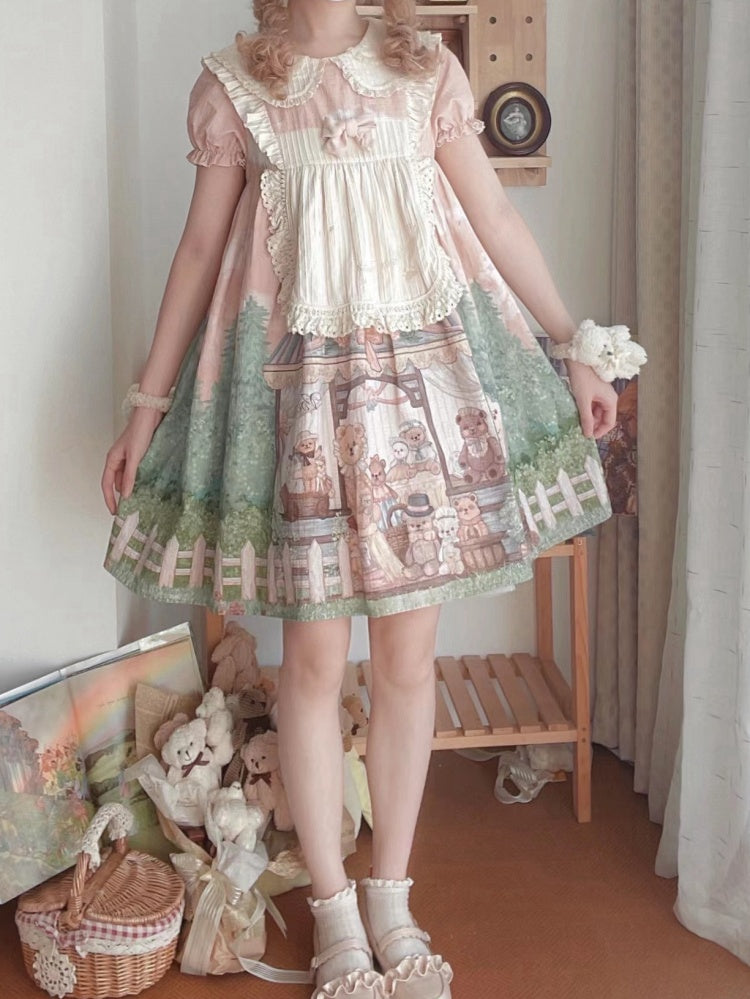 Anniversary Teddy Bear Print Peter Pan Collar Short Puff Sleeves One Piece