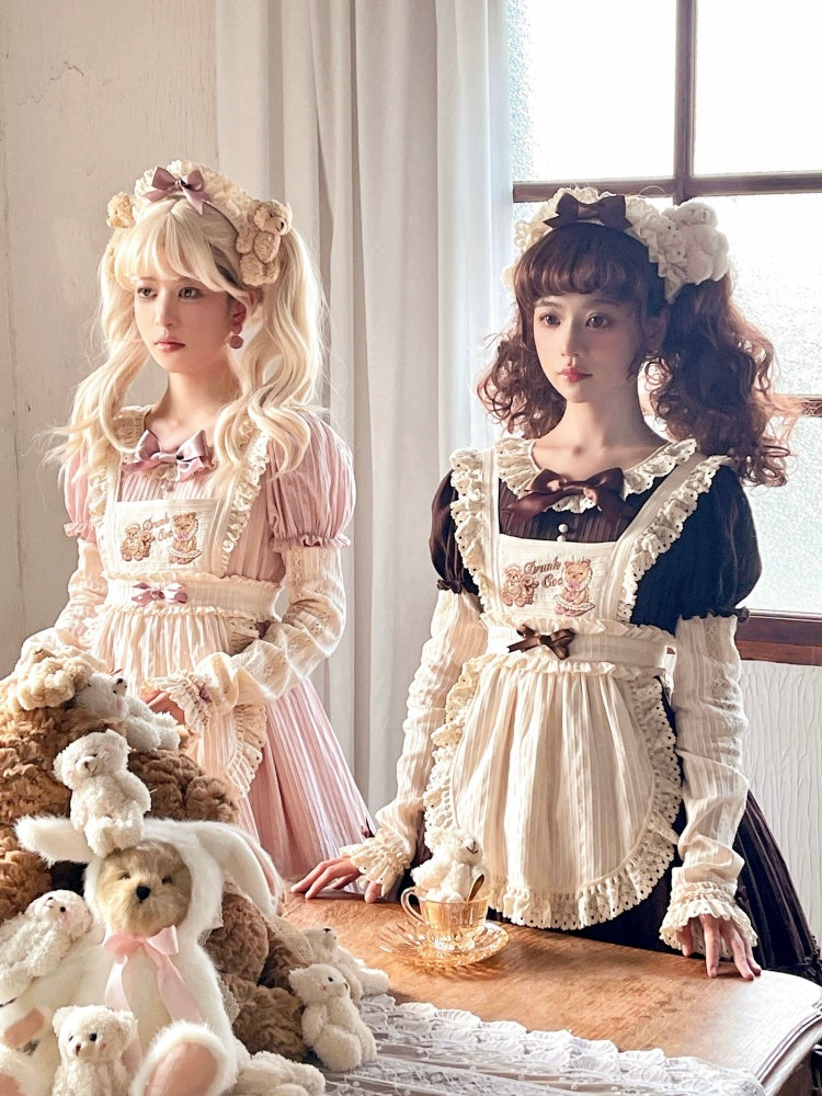 Anniversary Teddy Pink Ruffle Round Neck Short Puff Sleeves Maid One Piece+Apron Set