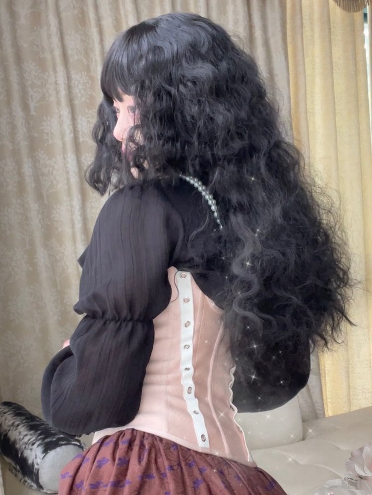 Black Long Curly Synthetic Wig with Bangs