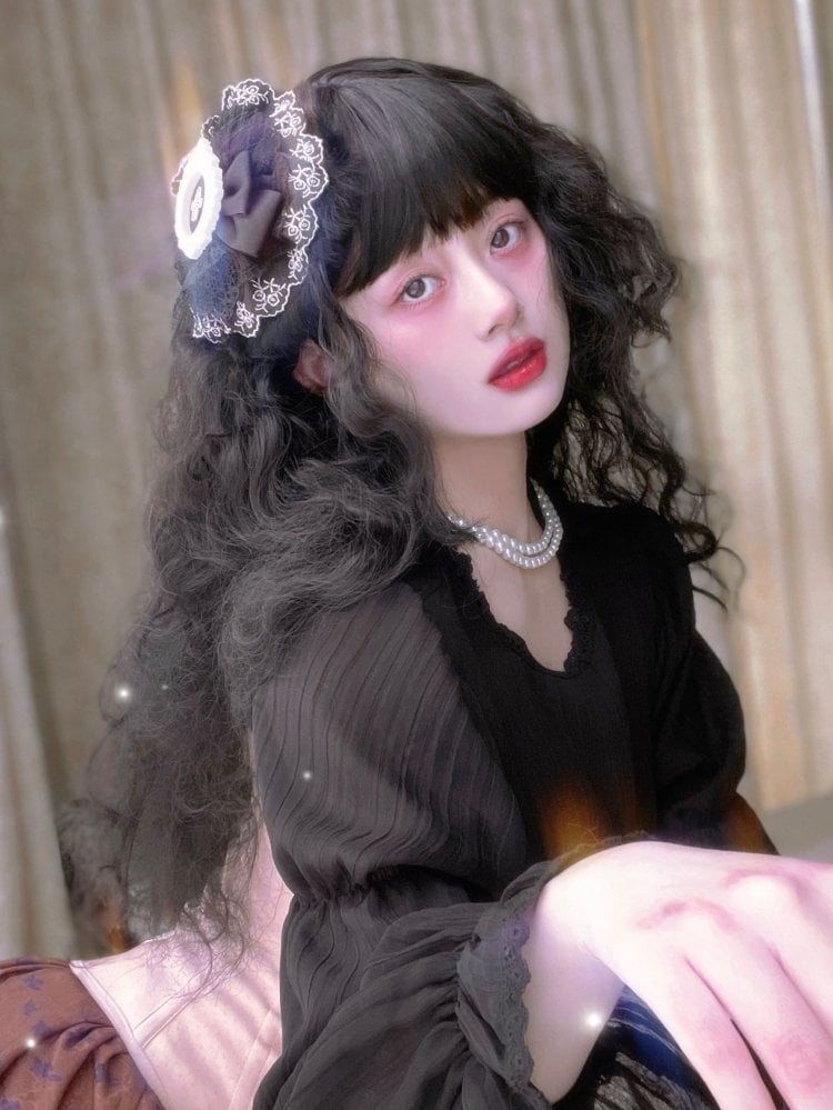 Black Long Curly Synthetic Wig with Bangs