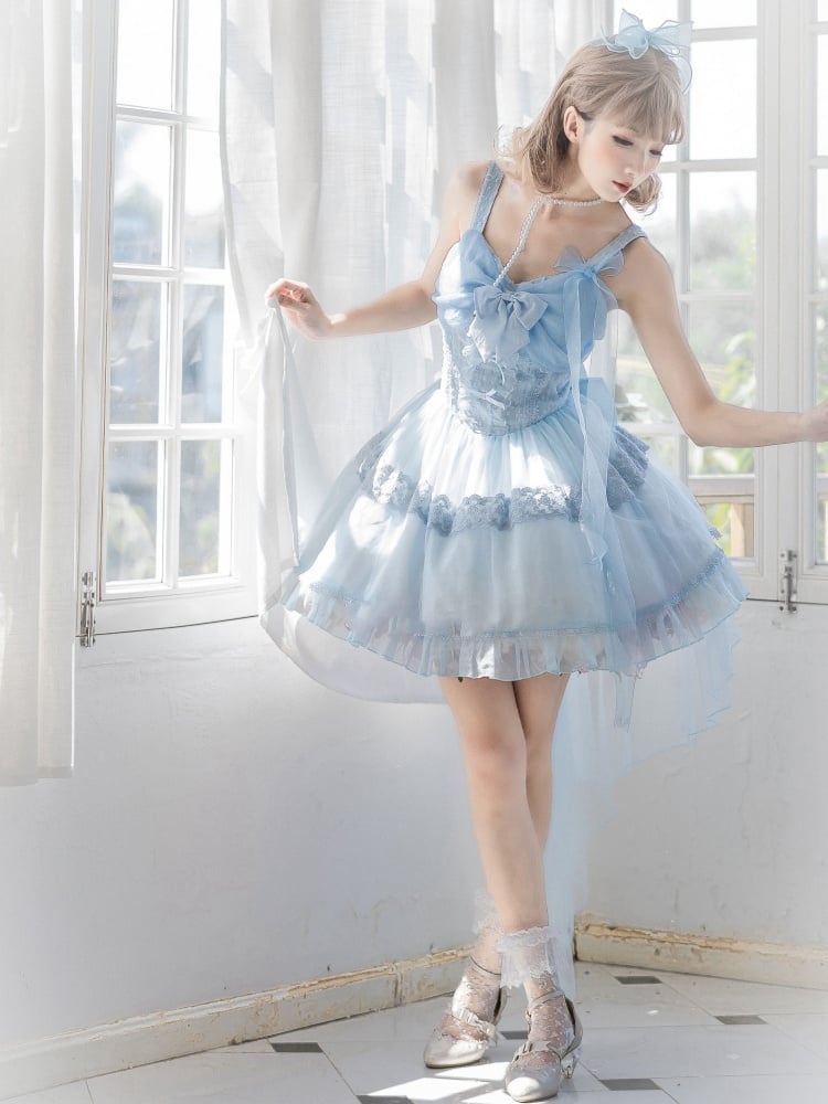 Clearance-Size S for Bust 82-92CM Bright Moon Light Blue Bowknot Details Sweetheart Neckline Jumper Skirt