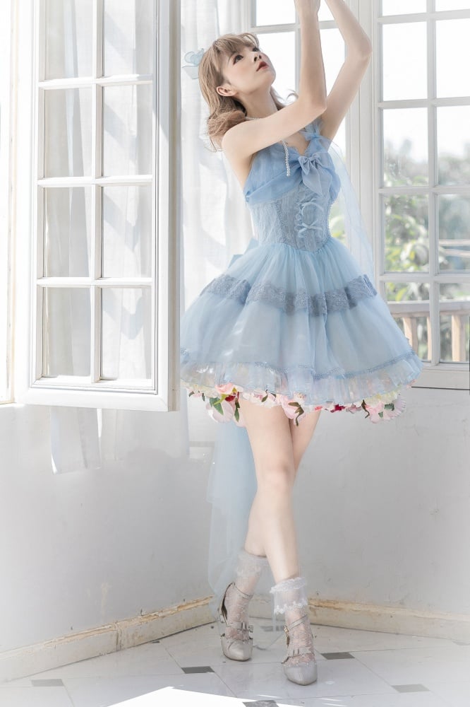 Clearance-Size S for Bust 82-92CM Bright Moon Light Blue Bowknot Details Sweetheart Neckline Jumper Skirt