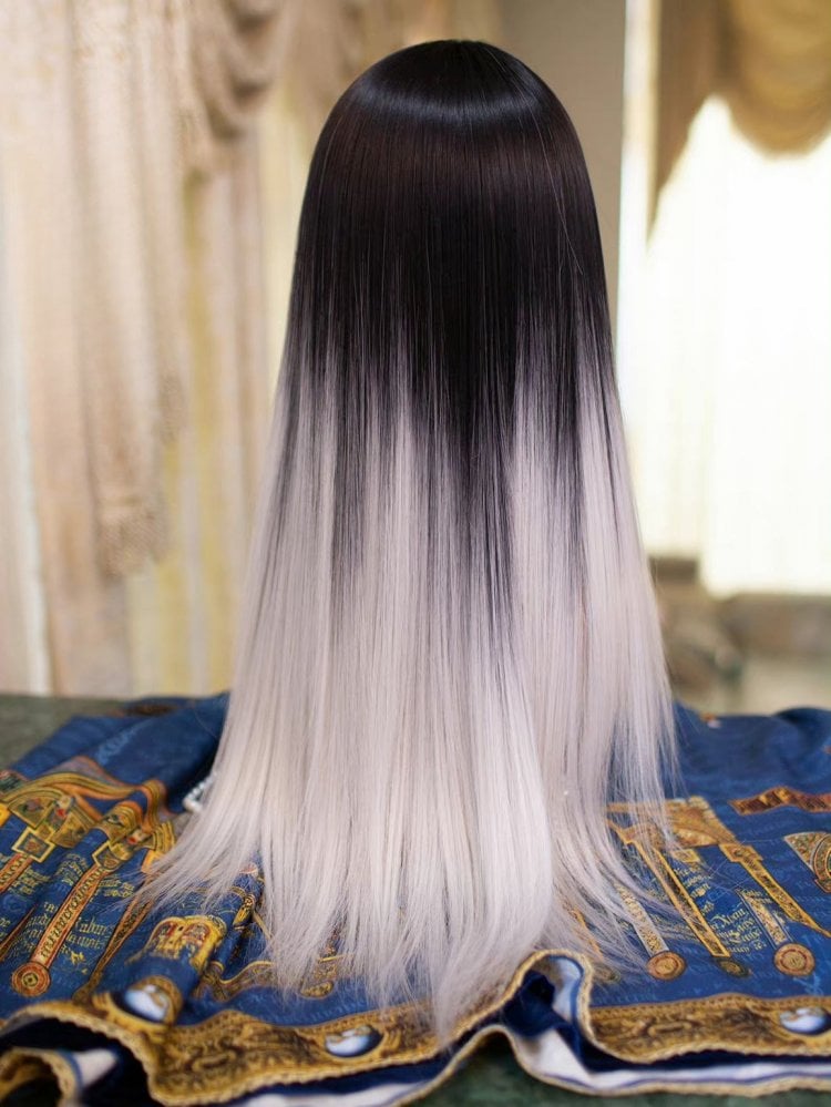 Black and White Ombre Long Straight Wig Princess Cut