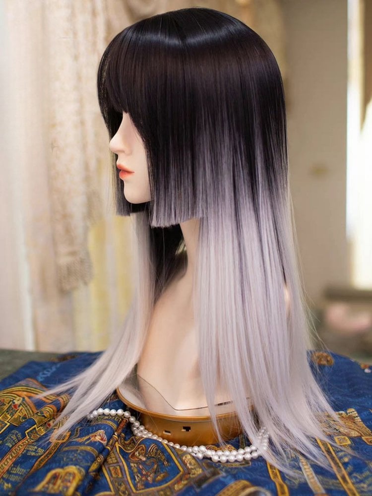 Black and White Ombre Long Straight Wig Princess Cut