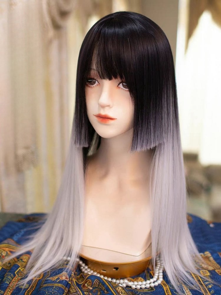 Black and White Ombre Long Straight Wig Princess Cut