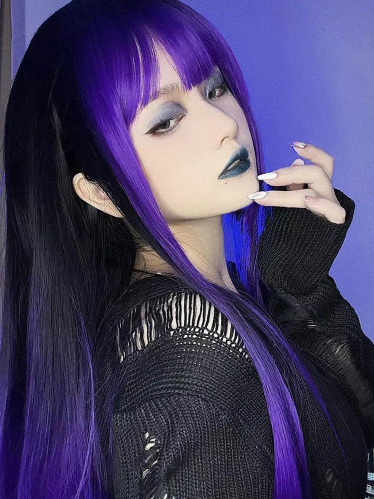 Black and Purple Ombre Hair Color Long Straight Synthetic Wig Halloween Witch Wig