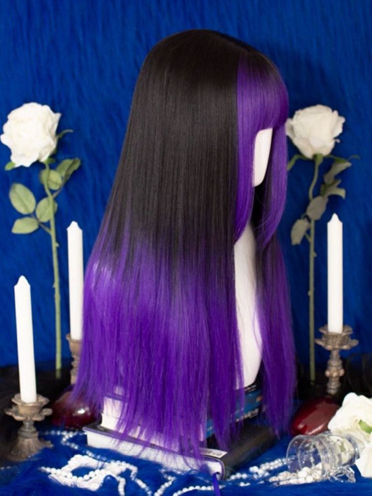 Black and Purple Ombre Hair Color Long Straight Synthetic Wig Halloween Witch Wig