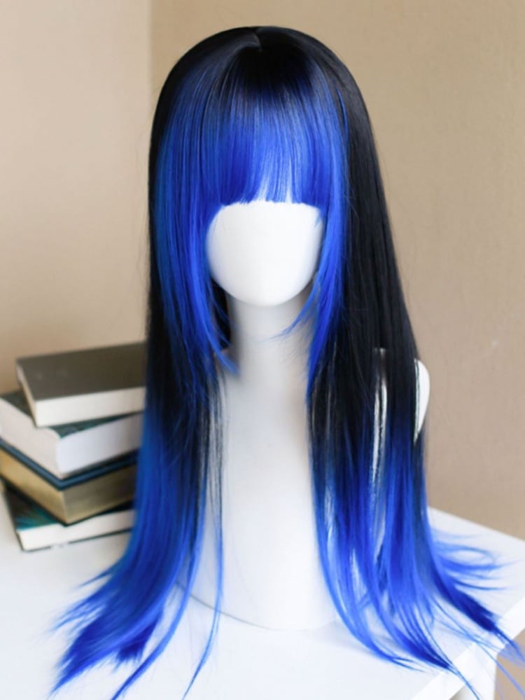 Blue and Black Ombre Hair Color Long Straight Synthetic Wig