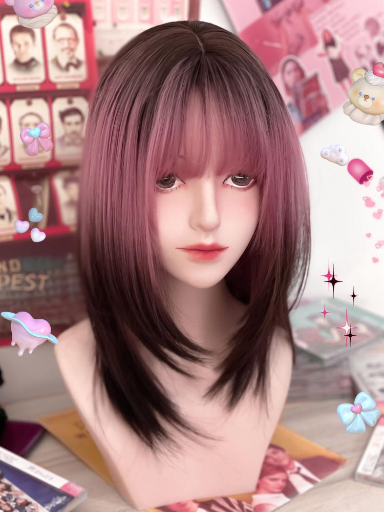 Pink and Black Ombre Synthetic Wig with Bangs