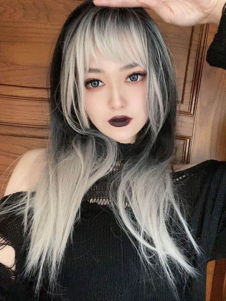 Black and Silver Ombre Hair Color Long Straight Wig