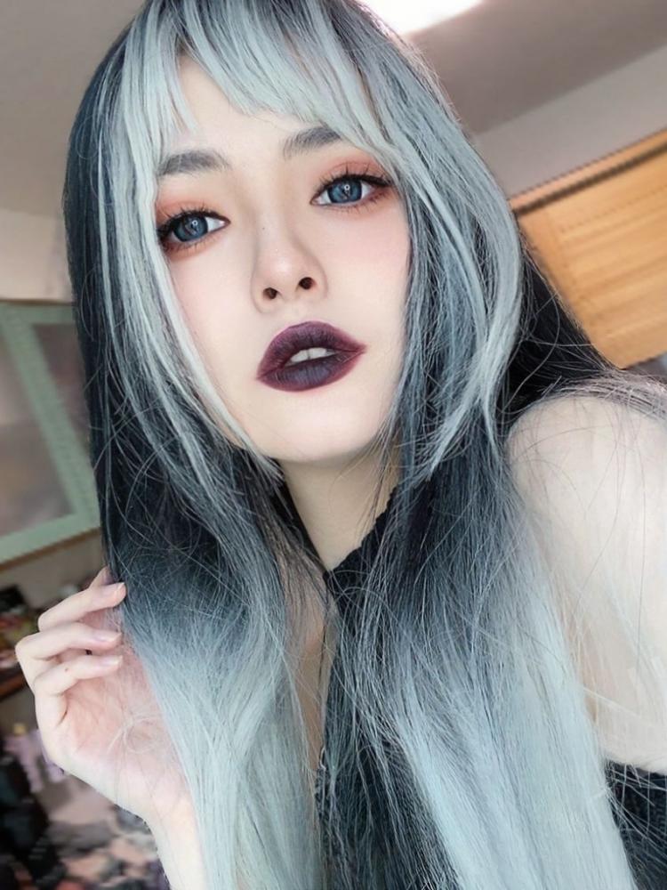 Black and Silver Ombre Hair Color Long Straight Wig