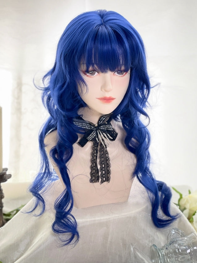 Dark Blue Long Wavy Synthetic Wig with Full Bangs