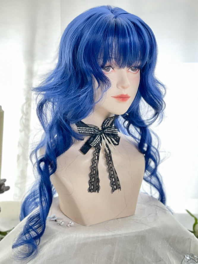 Dark Blue Long Wavy Synthetic Wig with Full Bangs