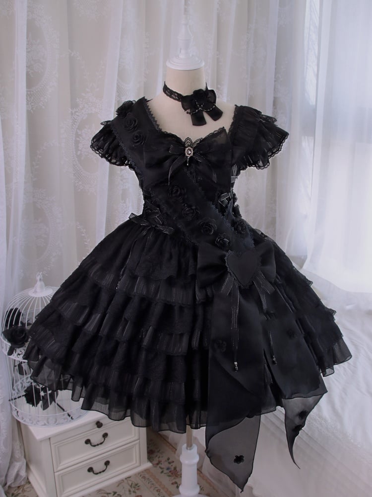 Black Tiered Ruffles Skirt One Piece Lace-up Waist and Back