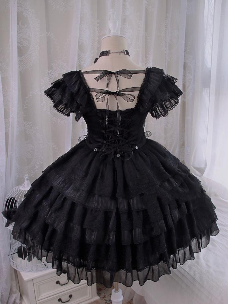 Black Tiered Ruffles Skirt One Piece Lace-up Waist and Back