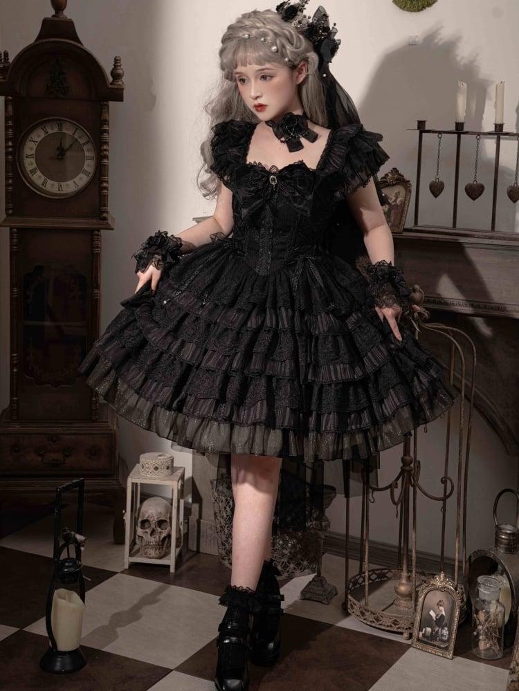 Black Tiered Ruffles Skirt One Piece Lace-up Waist and Back