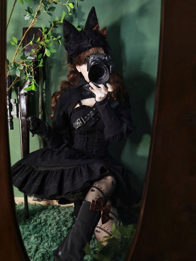 Black Hunter Sweetheart Neck Buckle Straps Basque Waist Tiered Flounce Skirt Jumper Skirt / JSK Bloomers Bolero Set