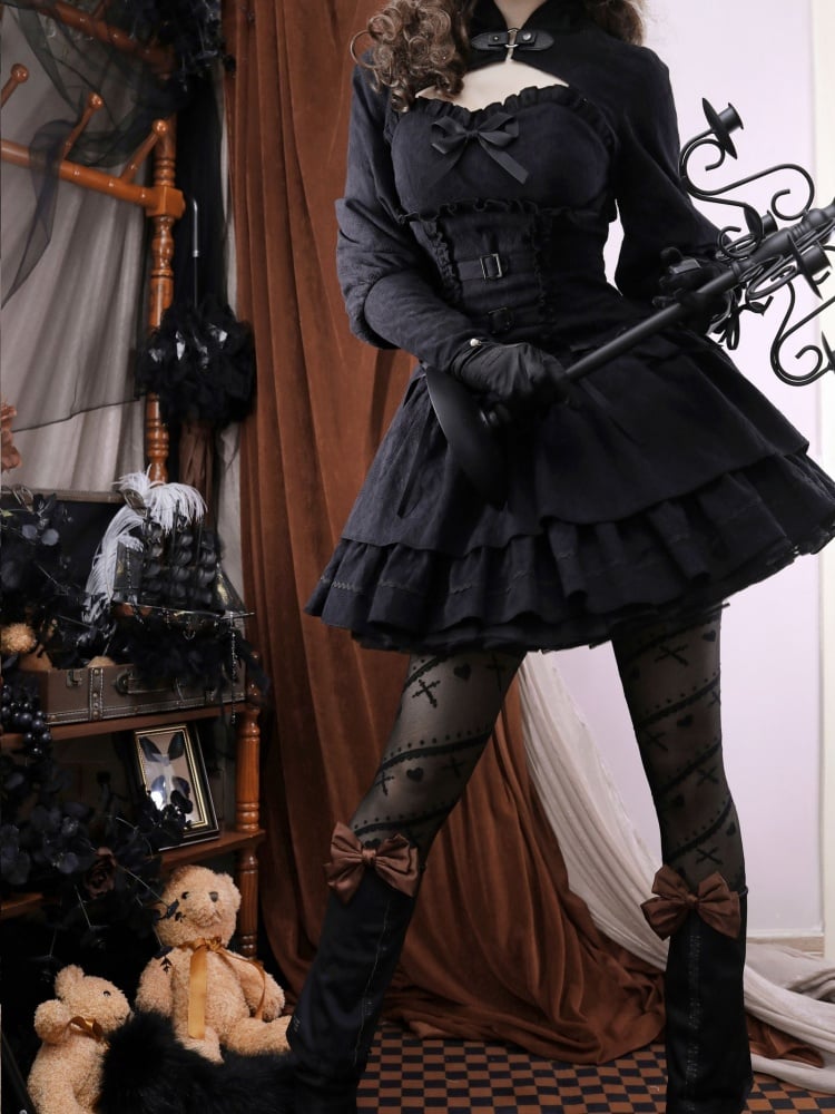 Black Hunter Sweetheart Neck Buckle Straps Basque Waist Tiered Flounce Skirt Jumper Skirt / JSK Bloomers Bolero Set