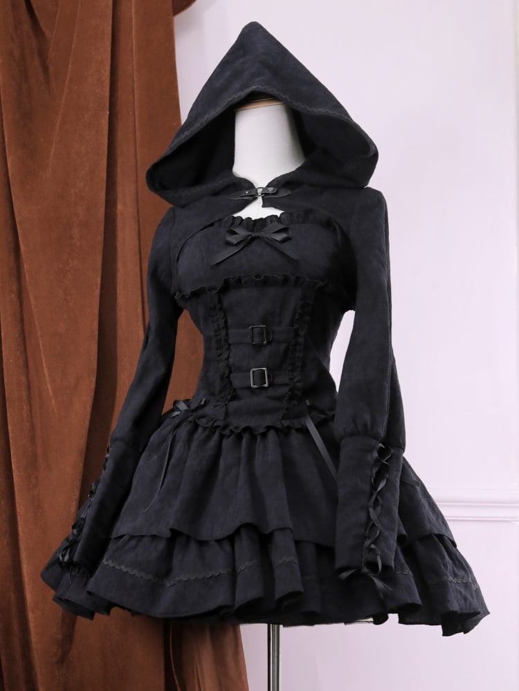 Black Hunter Sweetheart Neck Buckle Straps Basque Waist Tiered Flounce Skirt Jumper Skirt / JSK Bloomers Bolero Set