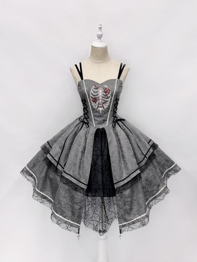 Gray Rose Ribs Embroidery Gothic Jumper Skirt/Jumper Skirt+Bolero Set