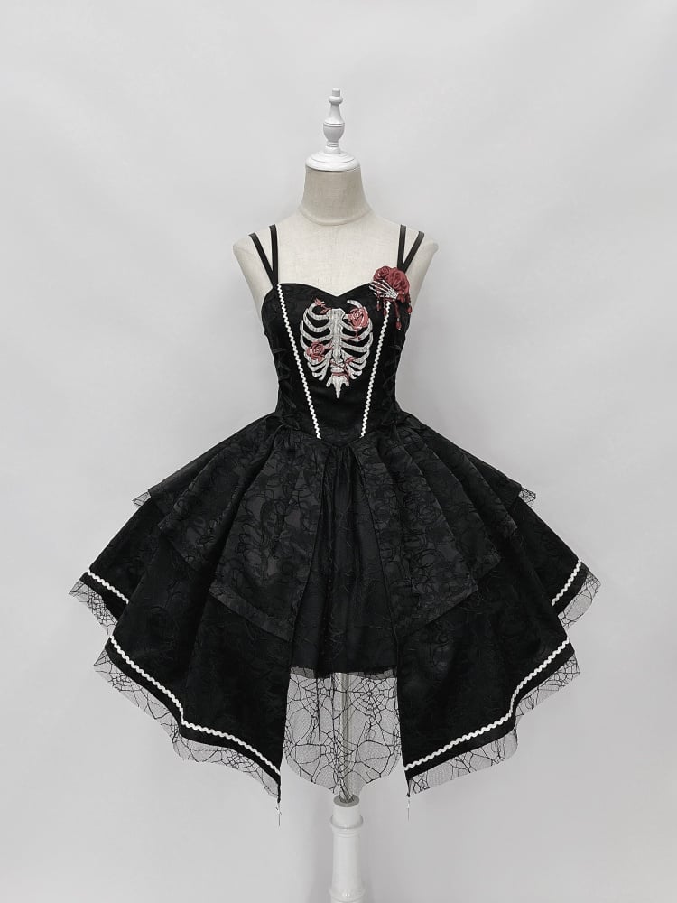 Black Rose Ribs Embroidery Gothic Jumper Skirt/Jumper Skirt+Bolero Set