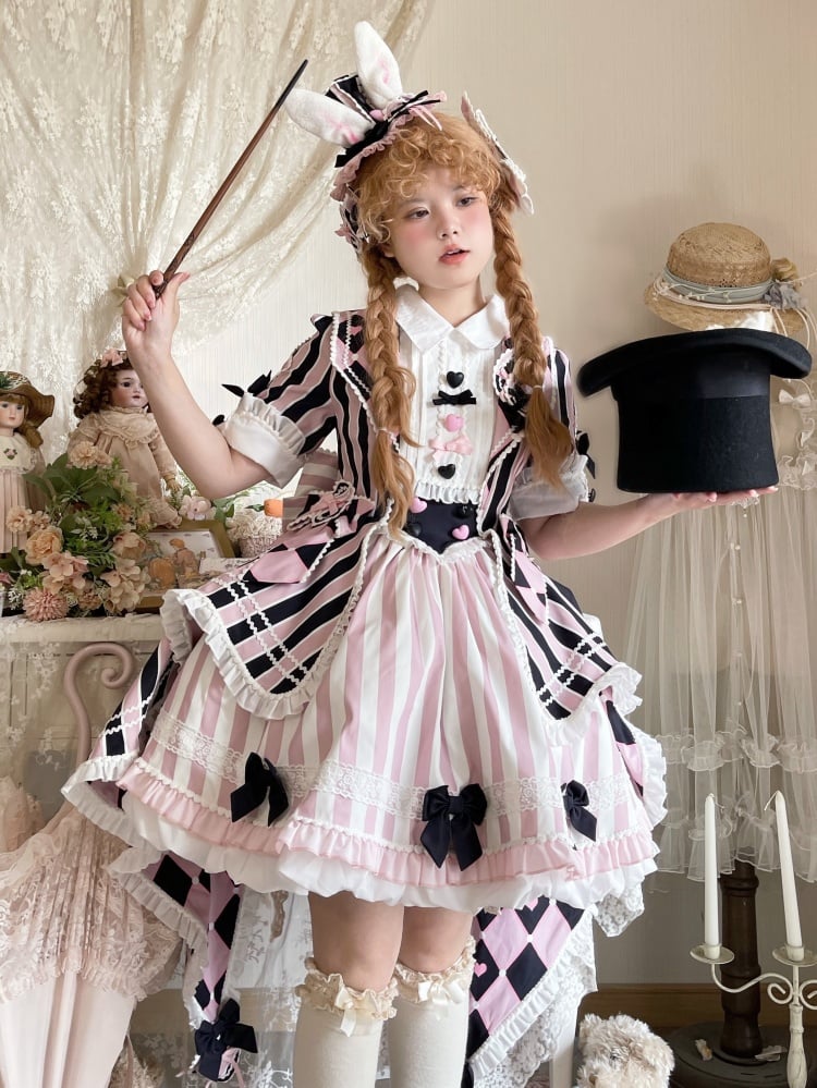 Black and Pink Sweet Magician Tailed Dress Chess and Stripe Pattern CIrcus Dress