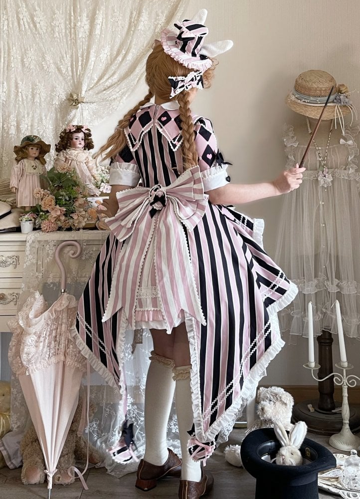 Black and Pink Sweet Magician Tailed Dress Chess and Stripe Pattern CIrcus Dress