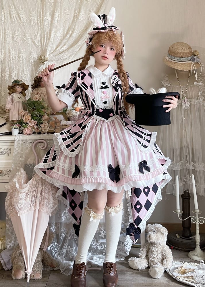 Black and Pink Sweet Magician Tailed Dress Chess and Stripe Pattern CIrcus Dress