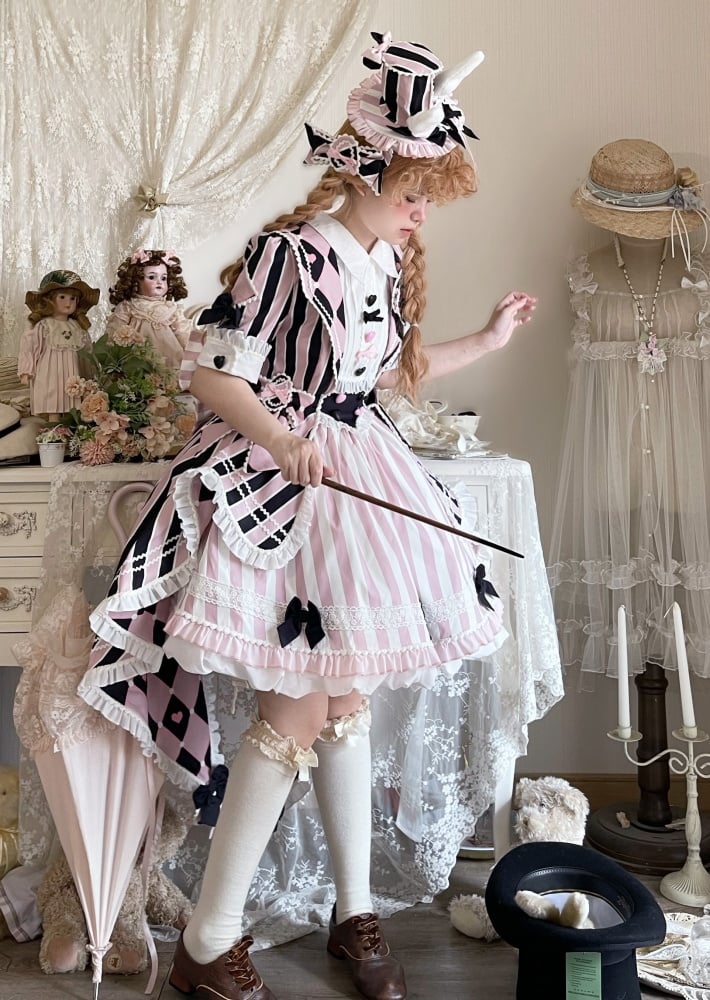 Black and Pink Sweet Magician Tailed Dress Chess and Stripe Pattern CIrcus Dress